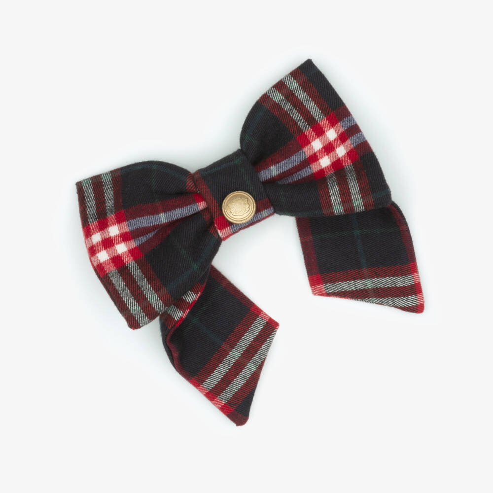 Patachou-Girls Navy Blue & Red Tartan Bow Hair Clip (13cm) | Childrensalon
