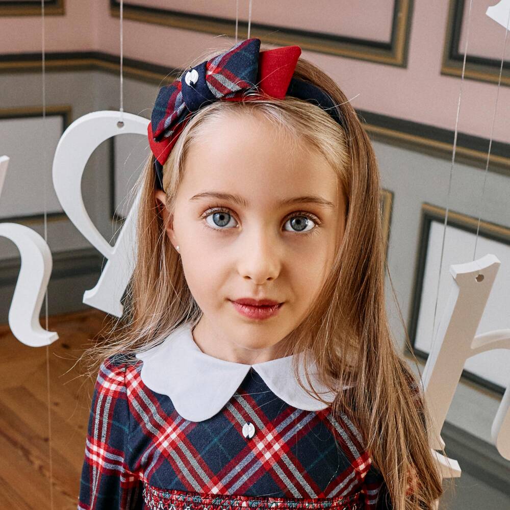 Patachou-Girls Navy Blue & Red Tartan Bow Hairband | Childrensalon
