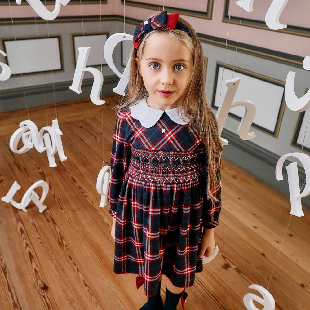 Patachou-Girls Navy Blue & Red Tartan Check Dress | Childrensalon