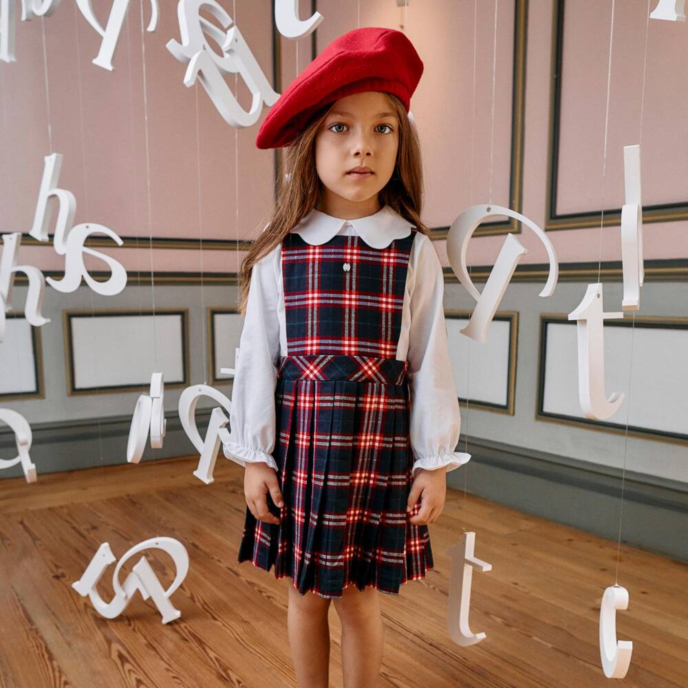 Patachou-Girls Navy Blue & Red Tartan Check Pinafore Dress | Childrensalon