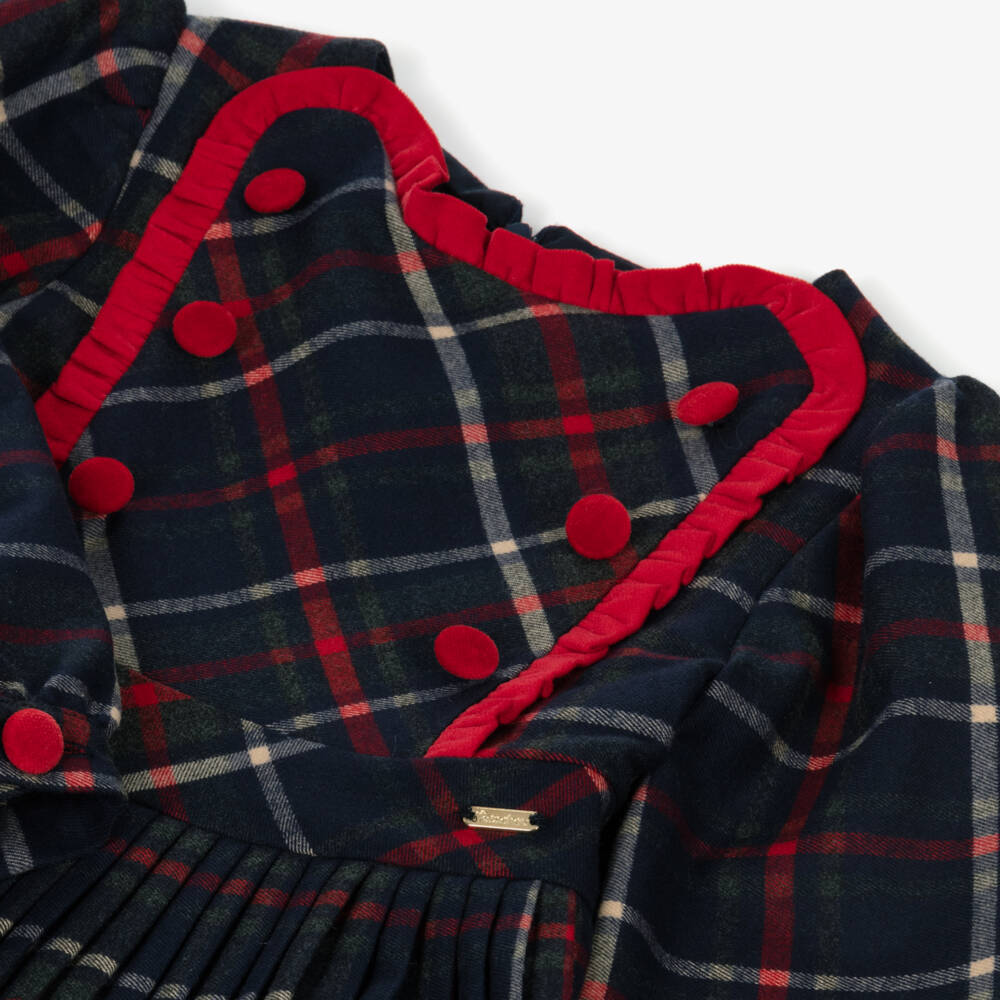 Patachou Girls Red/Navy Tartan Dress With Dog Motif