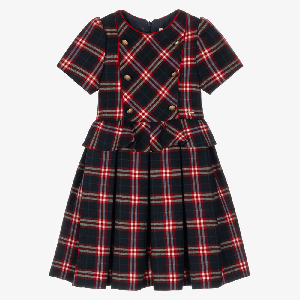 Patachou-Girls Navy Blue & Red Tartan Dress | Childrensalon