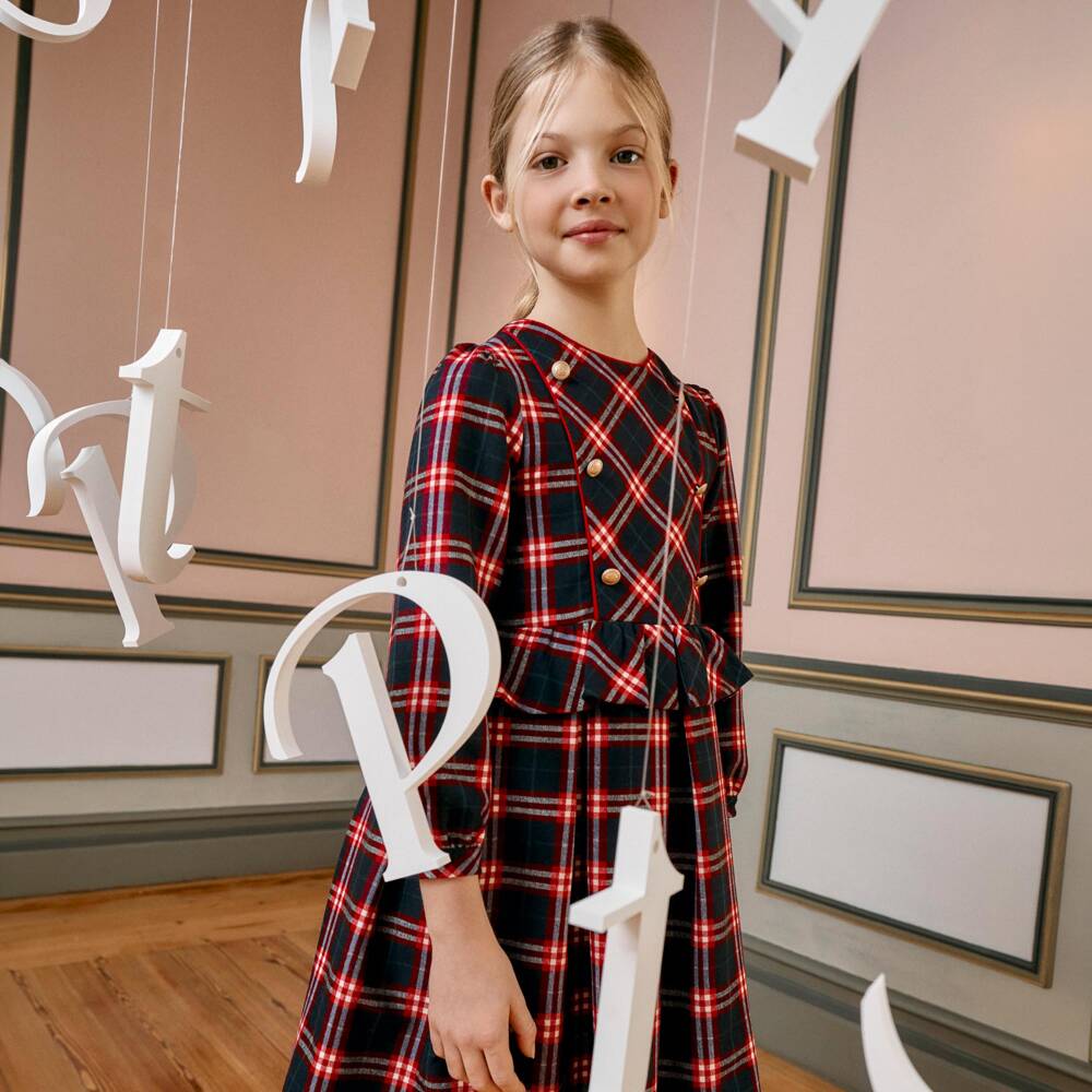 Patachou-Girls Navy Blue & Red Tartan Dress | Childrensalon