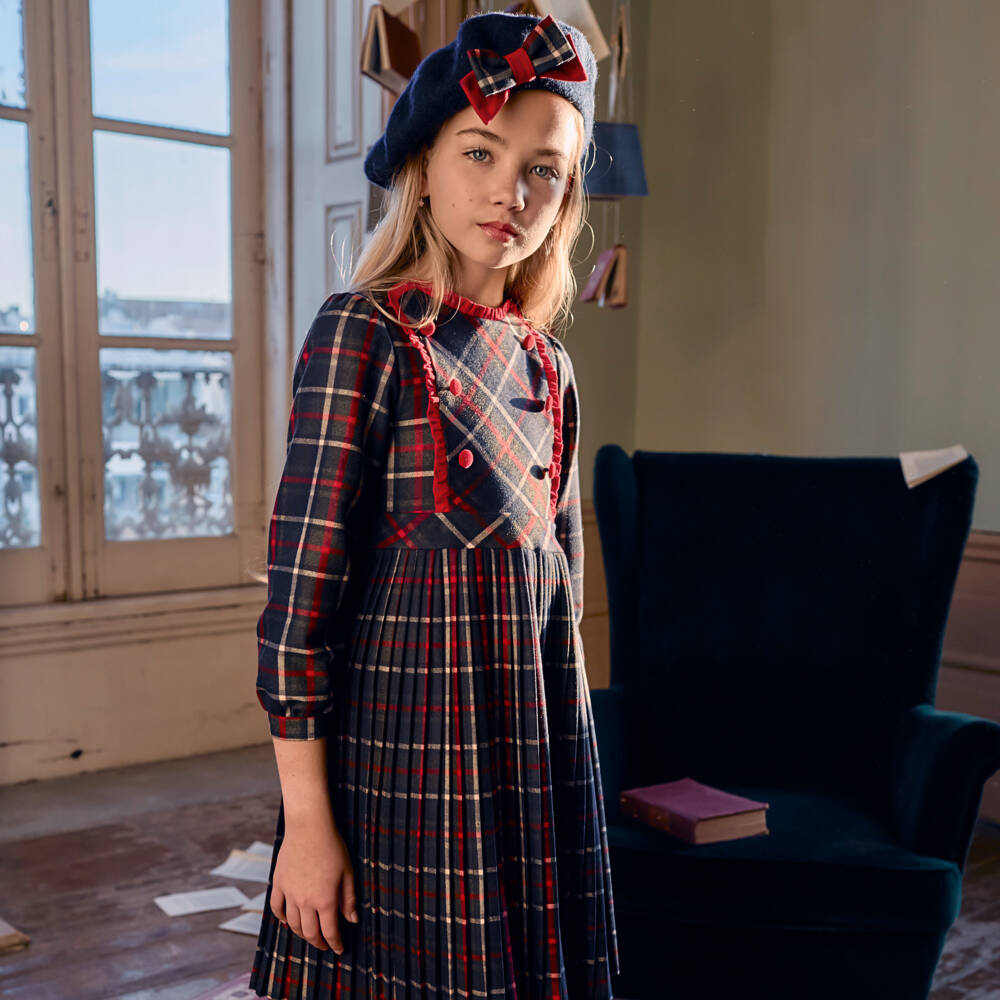 Patachou-Girls Navy Blue & Red Tartan Dress with Velvet Trims | Childrensalon