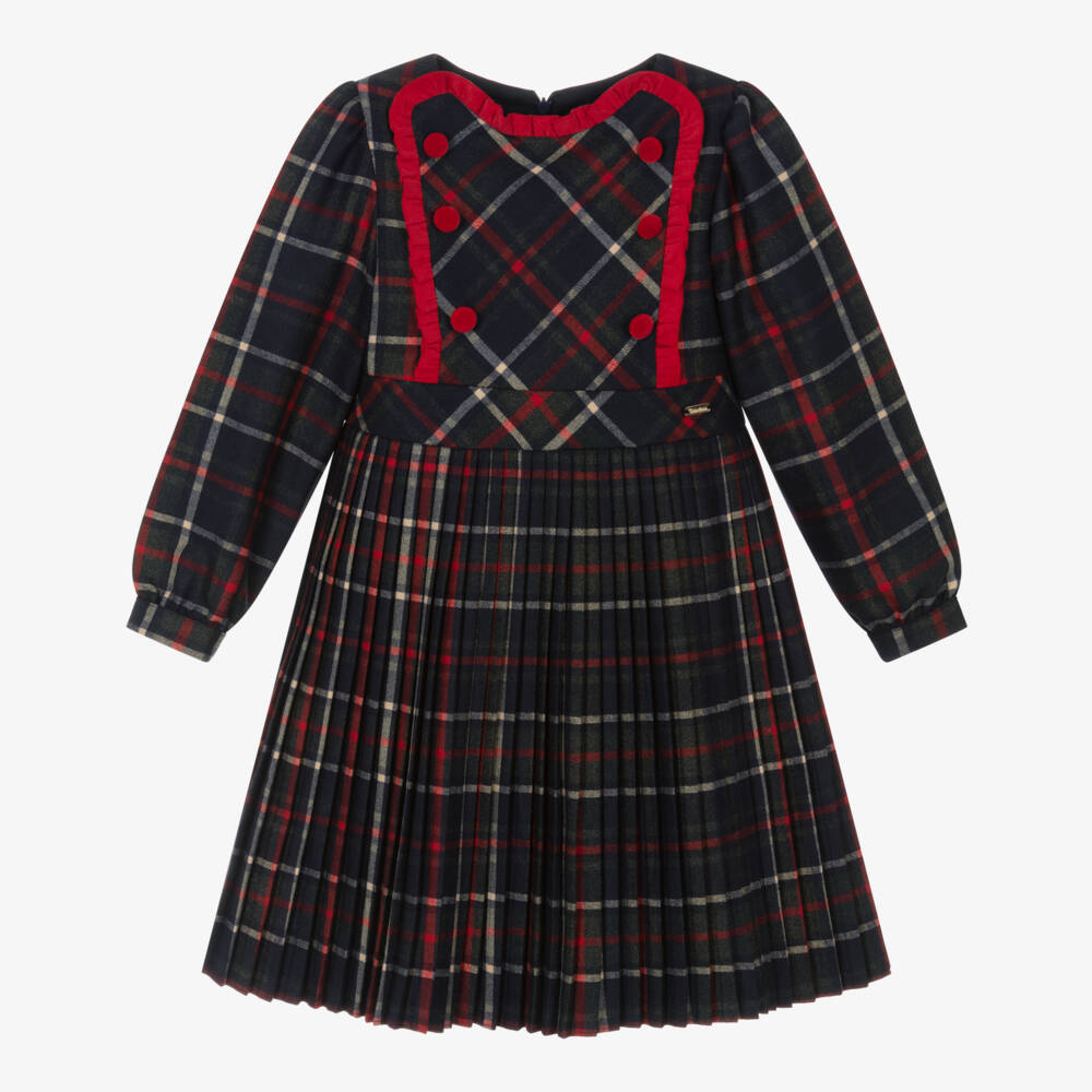 Patachou-Girls Navy Blue & Red Tartan Dress with Velvet Trims | Childrensalon