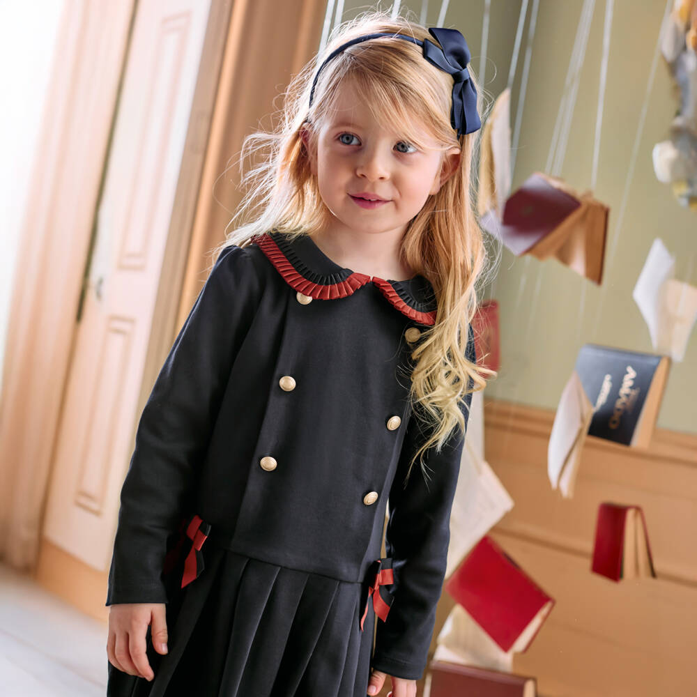 Patachou-Girls Navy Blue Ribbon & Button Trim Cotton Jersey Dress | Childrensalon