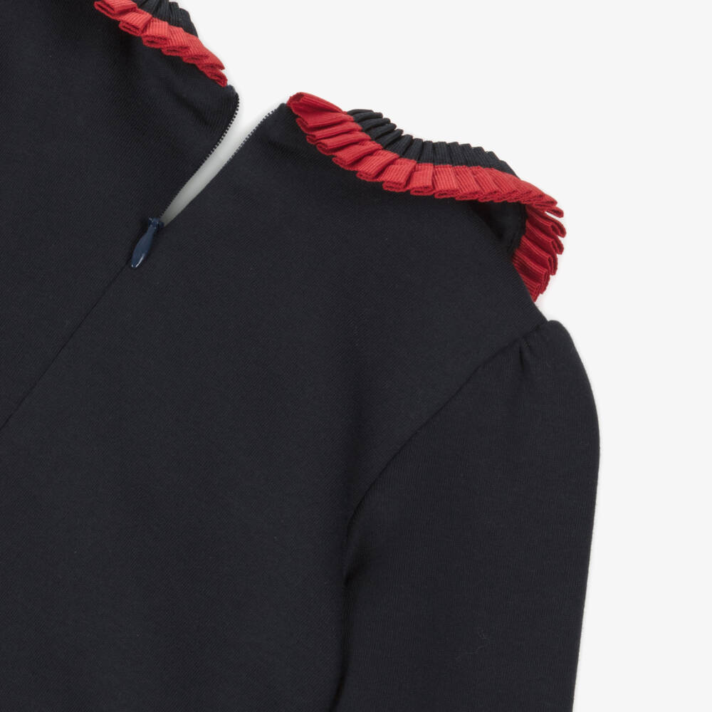 Patachou-Girls Navy Blue Ribbon & Button Trim Cotton Jersey Dress | Childrensalon