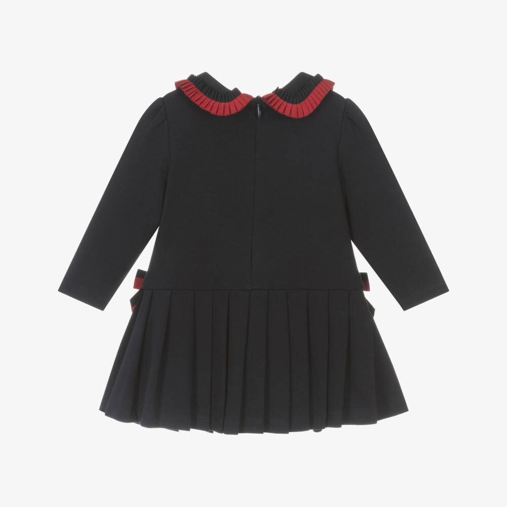 Patachou-Girls Navy Blue Ribbon & Button Trim Cotton Jersey Dress | Childrensalon