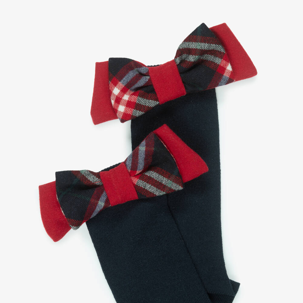 Patachou-Girls Navy Blue Socks with Red Tartan Bows | Childrensalon