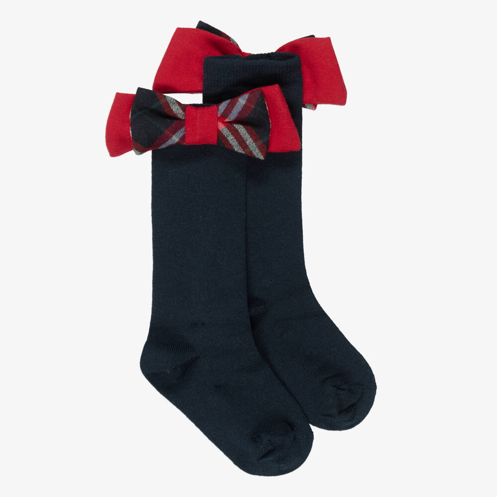 Patachou-Girls Navy Blue Socks with Red Tartan Bows | Childrensalon