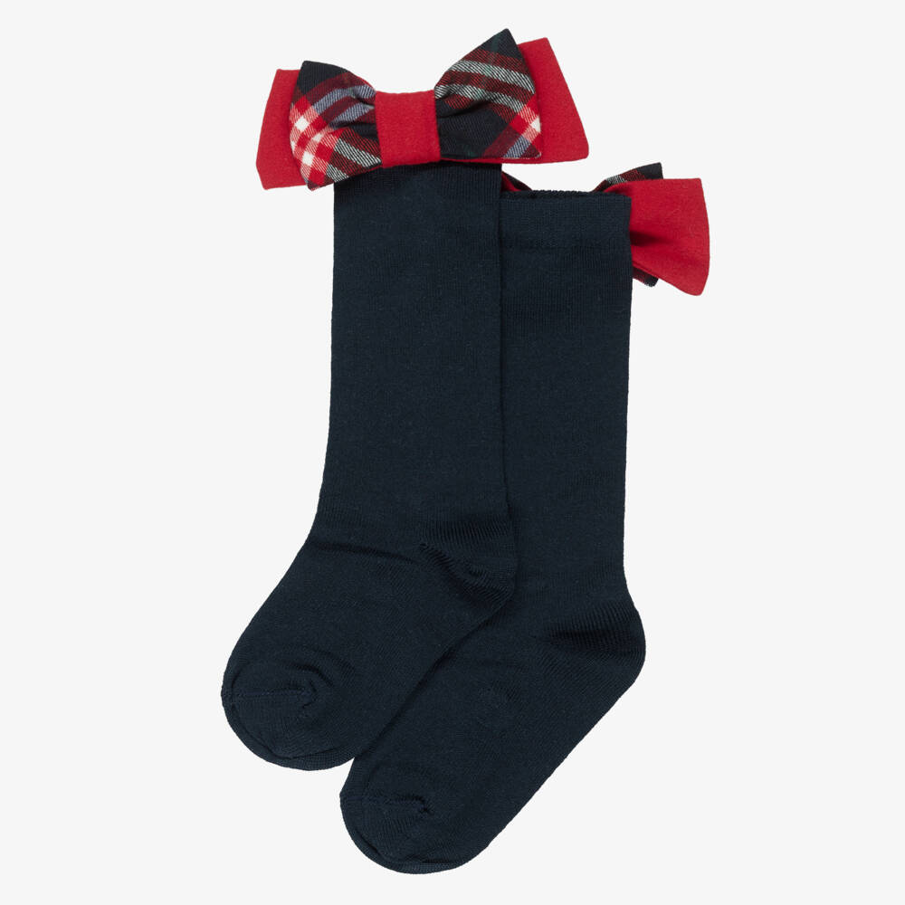 Patachou-Girls Navy Blue Socks with Red Tartan Bows | Childrensalon