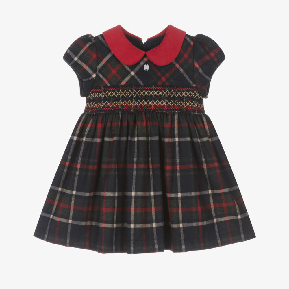 Patachou-Girls Navy Blue Tartan Smocked Dress | Childrensalon