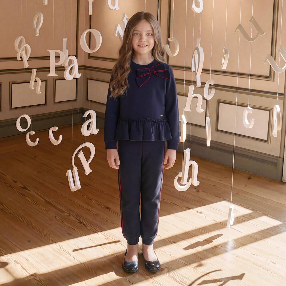 Patachou-Girls Navy Blue Tracksuit with Frilly Hem | Childrensalon