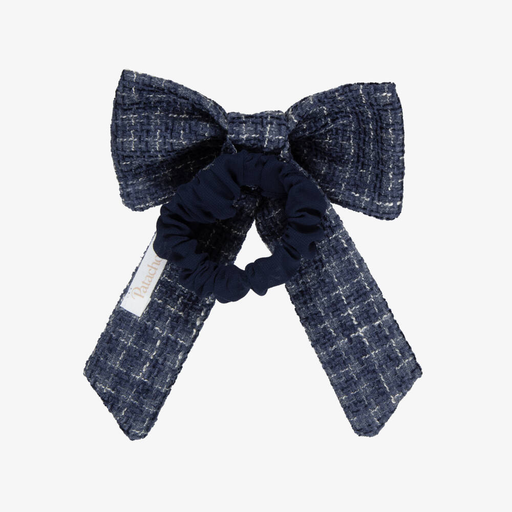 Patachou-Girls Navy Blue Tweed Bow Hair Tie (14cm) | Childrensalon