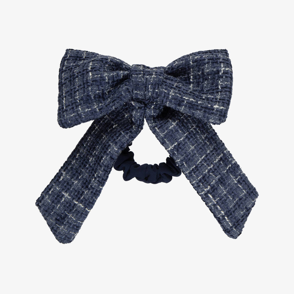 Patachou-Girls Navy Blue Tweed Bow Hair Tie (14cm) | Childrensalon