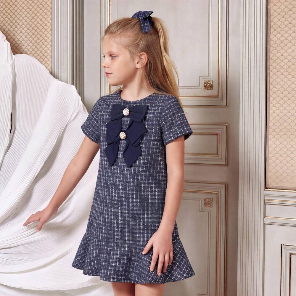 Patachou-Girls Navy Blue Tweed Dress with Bows | Childrensalon
