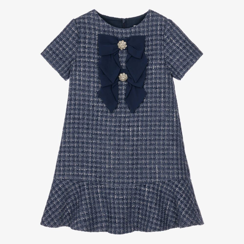 Patachou-Girls Navy Blue Tweed Dress with Bows | Childrensalon
