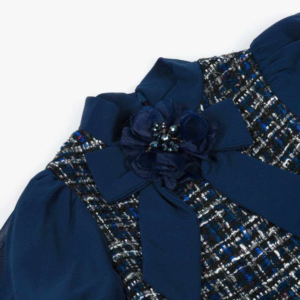 Patachou-فستان تويد مزين بفيونكة كريب لون كحلي | Childrensalon