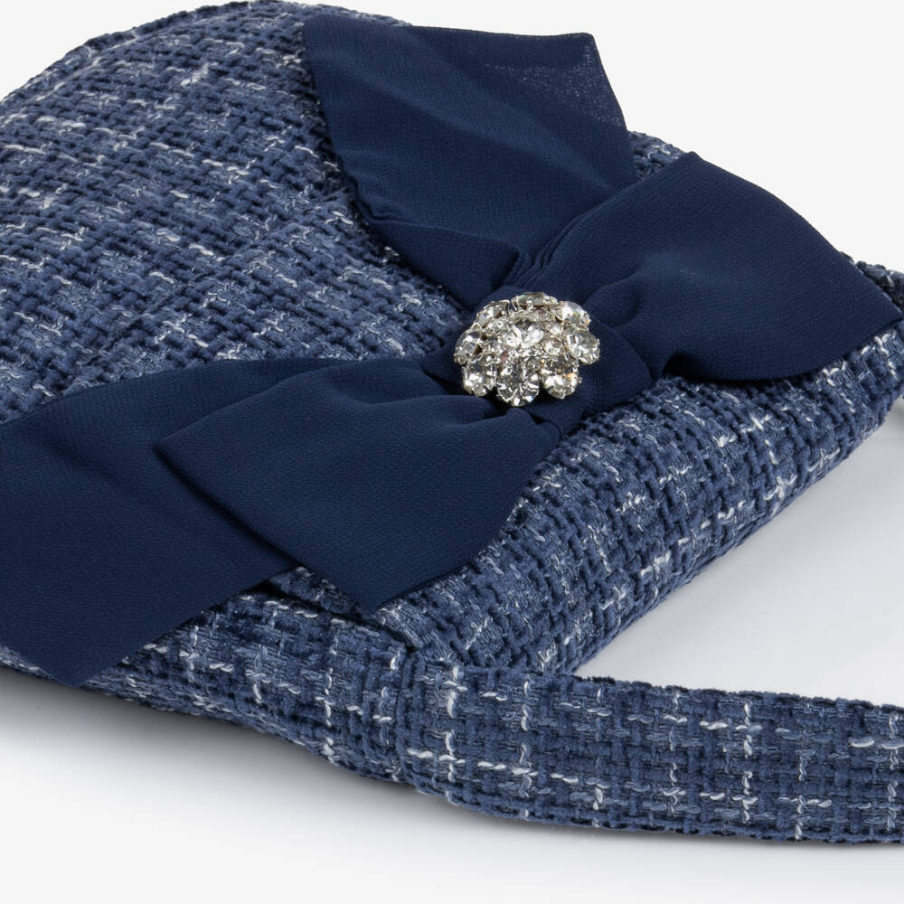Patachou-Girls Navy Blue Tweed Handbag with Bow (19cm) | Childrensalon