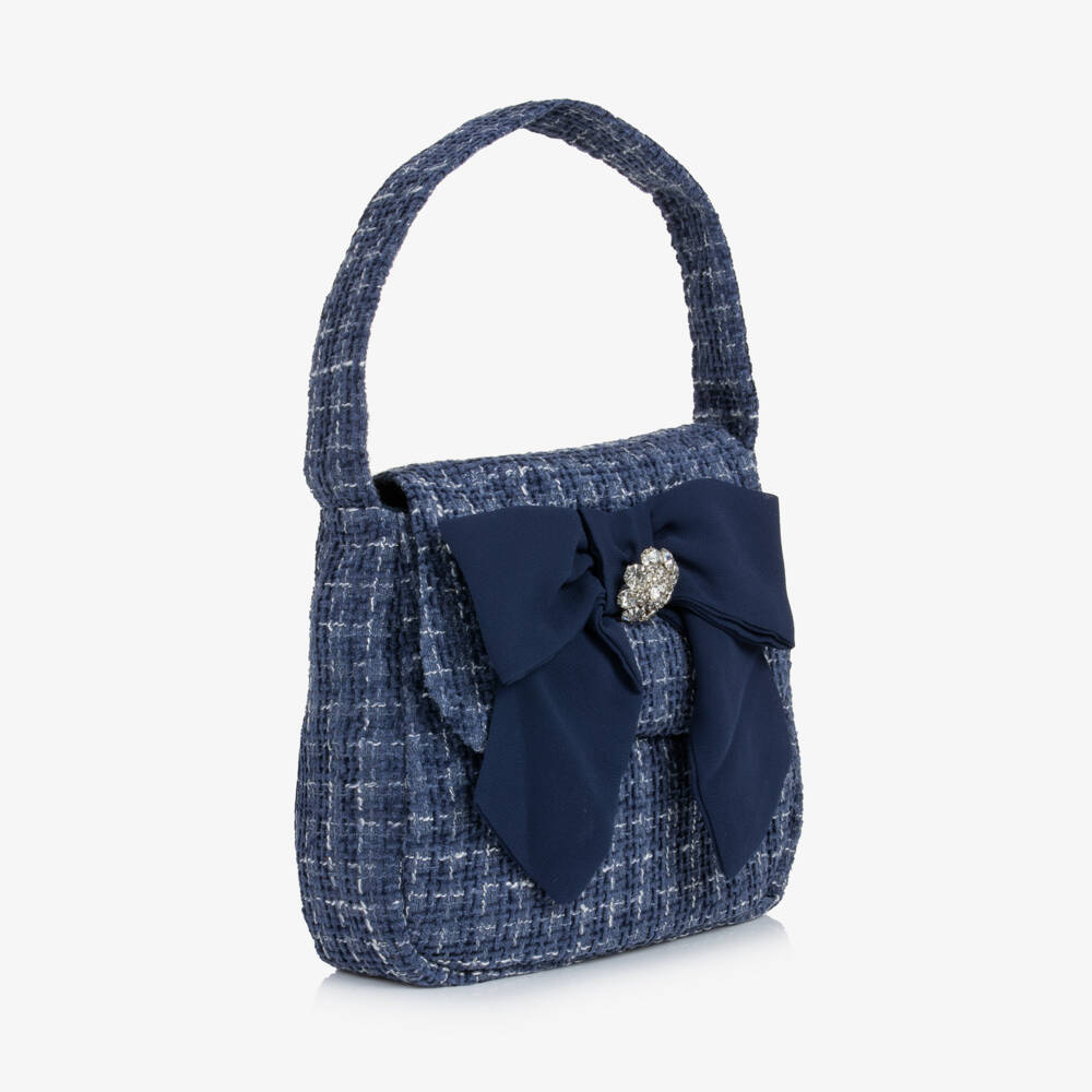 Patachou-Girls Navy Blue Tweed Handbag with Bow (19cm) | Childrensalon