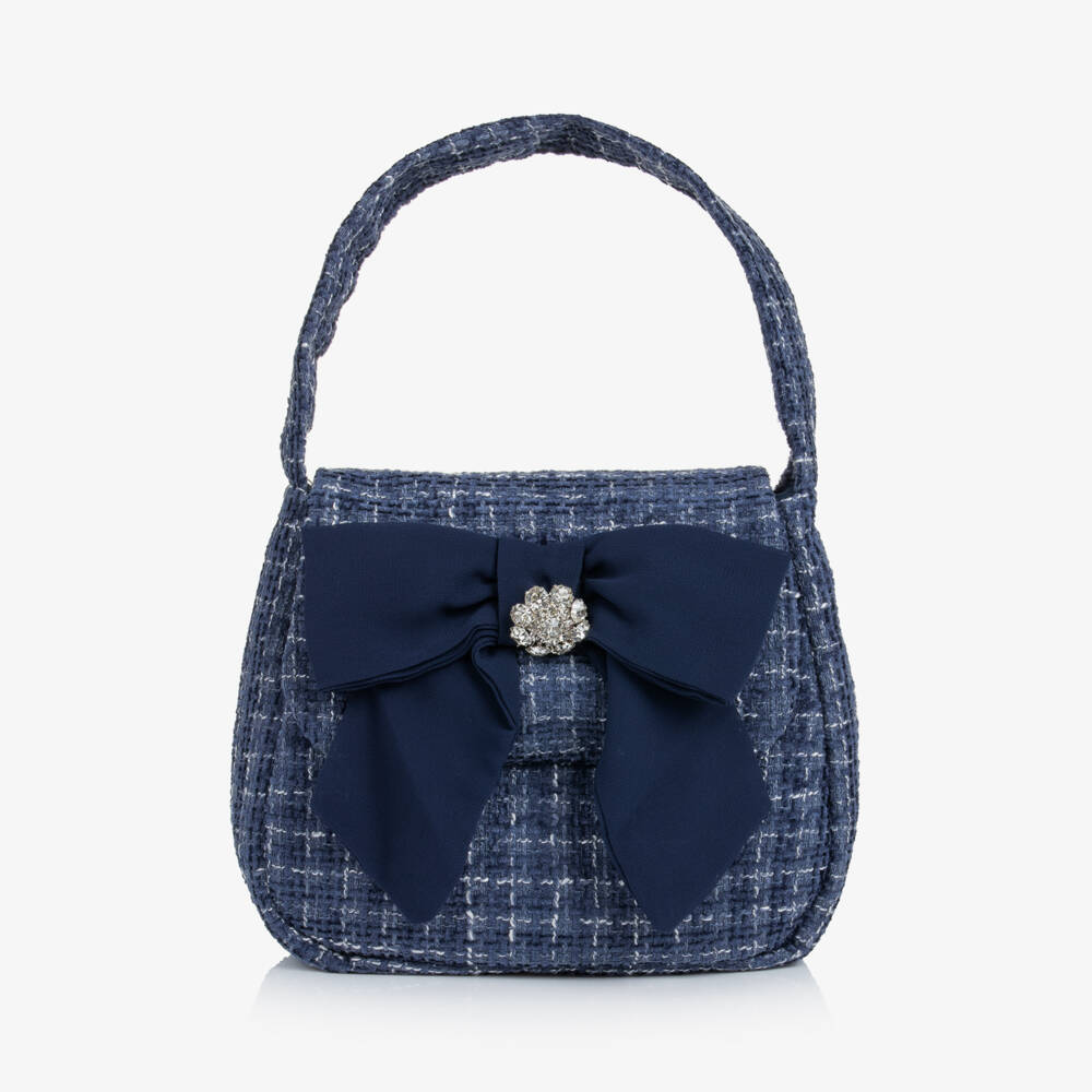 Patachou-Girls Navy Blue Tweed Handbag with Bow (19cm) | Childrensalon