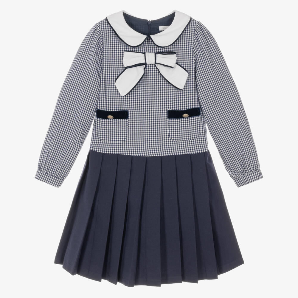 Patachou-Girls Navy Blue & White Gingham Dress | Childrensalon
