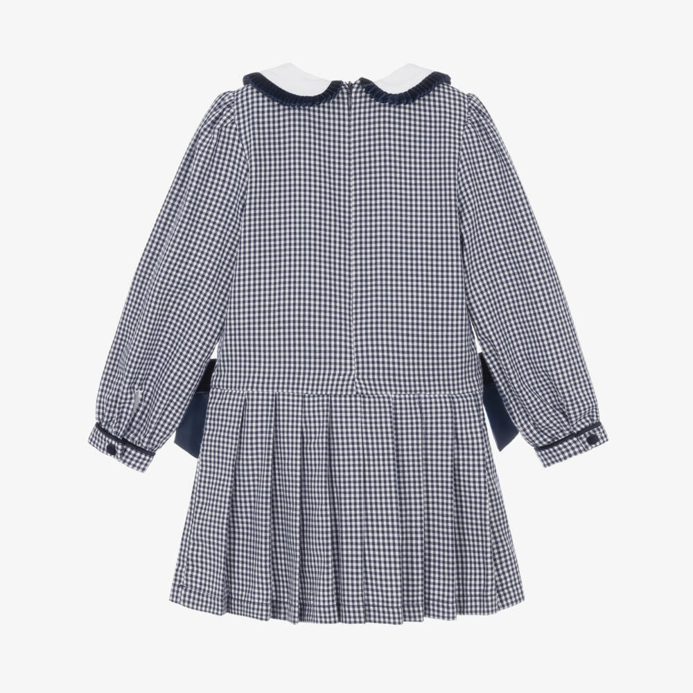 Patachou-Girls Navy Blue & White Gingham Dress with Bows | Childrensalon
