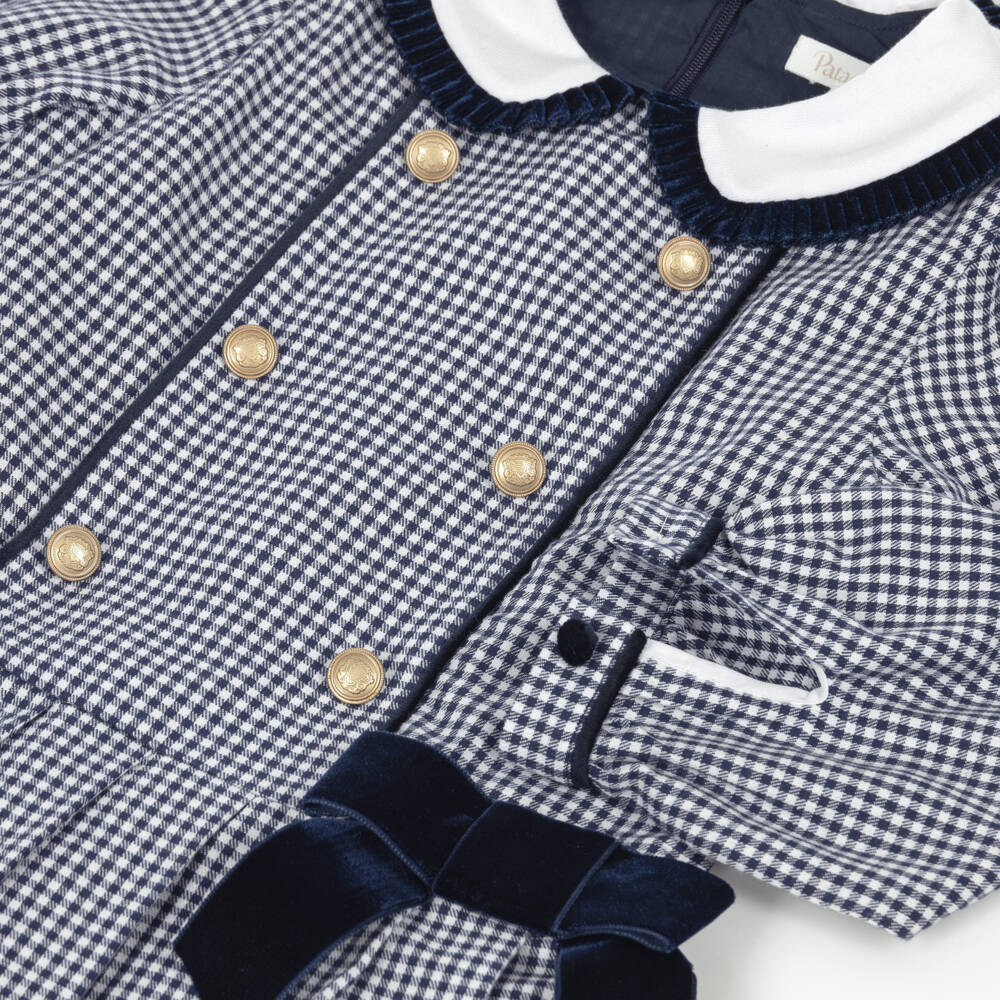 Patachou-Girls Navy Blue & White Gingham Dress with Bows | Childrensalon