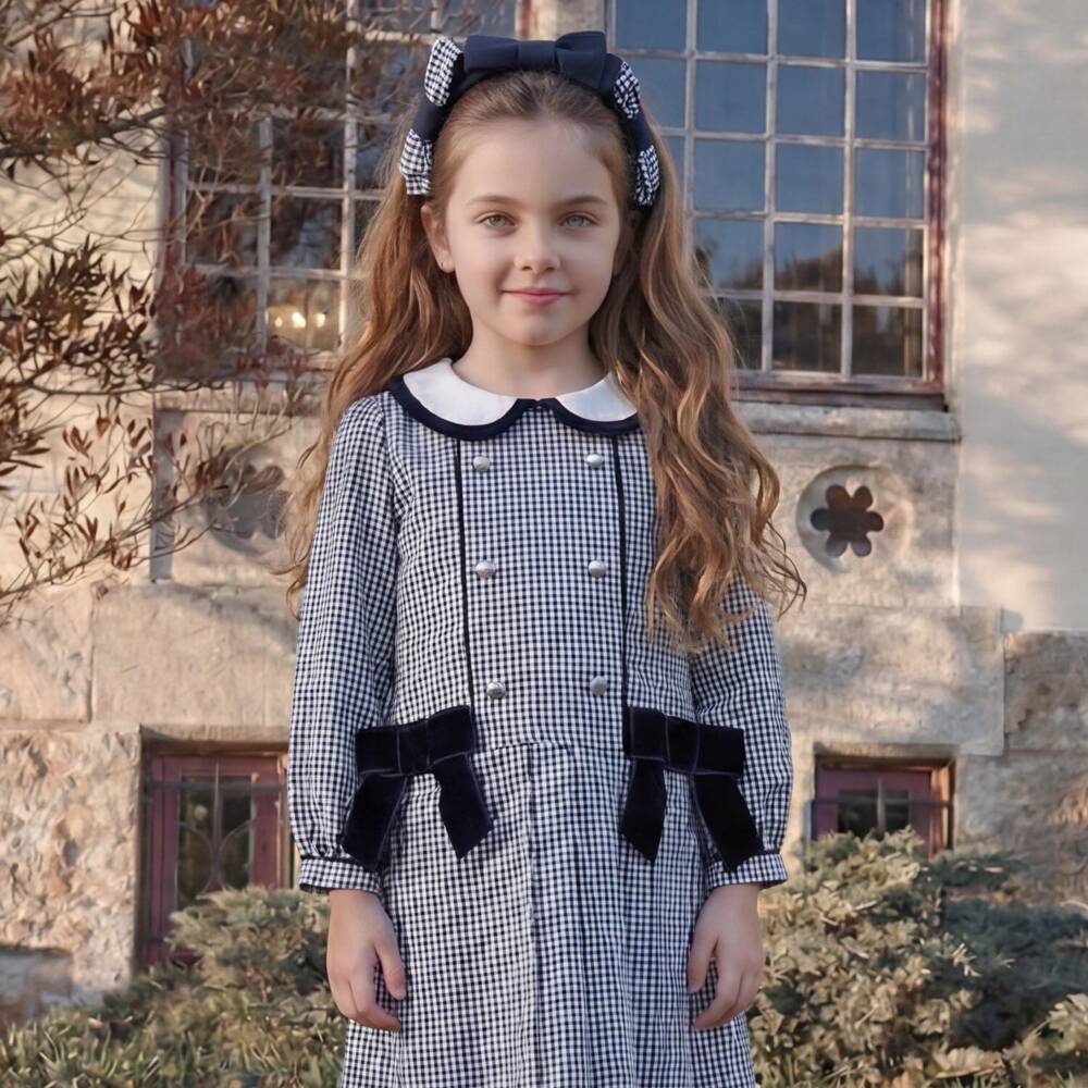 Patachou-Girls Navy Blue & White Gingham Dress with Bows | Childrensalon