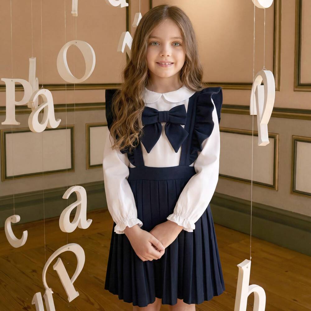 Patachou-Girls Navy Blue & White Pleated Pinafore Dress | Childrensalon