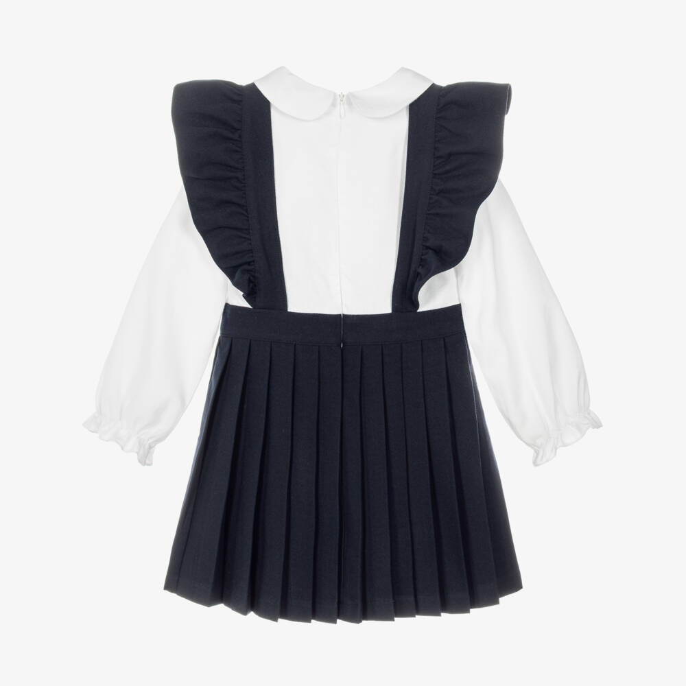 Patachou-Girls Navy Blue & White Pleated Pinafore Dress | Childrensalon