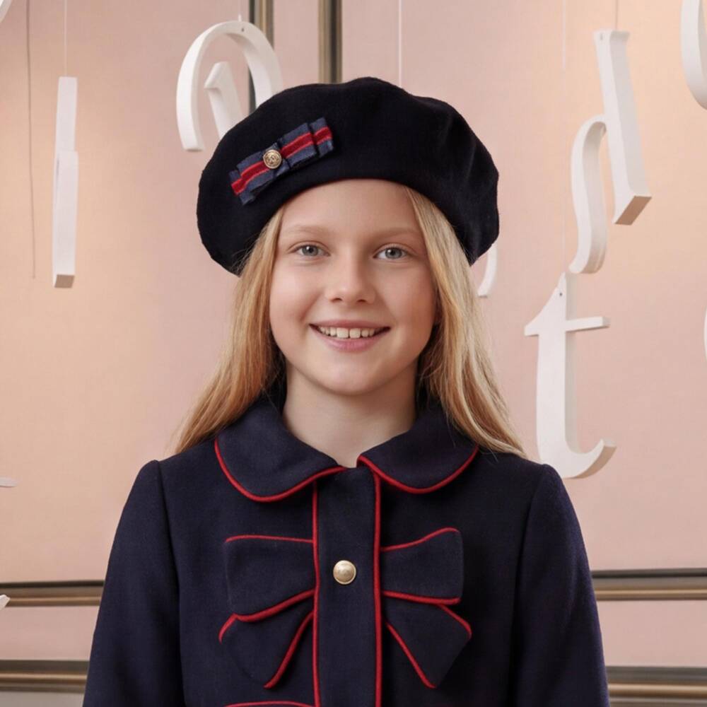 Patachou-Girls Navy Blue Wool Beret with Bow | Childrensalon