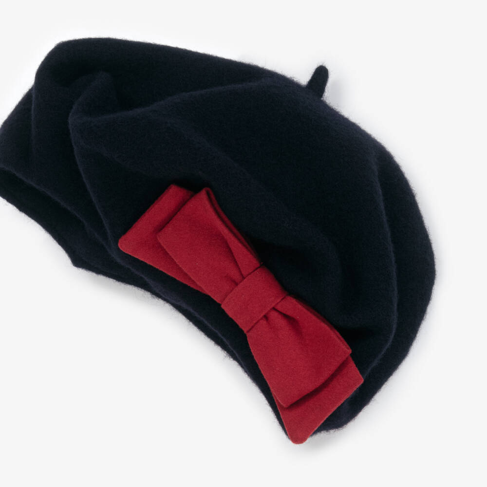 Patachou-Girls Navy Blue Wool Beret with Red Bow | Childrensalon