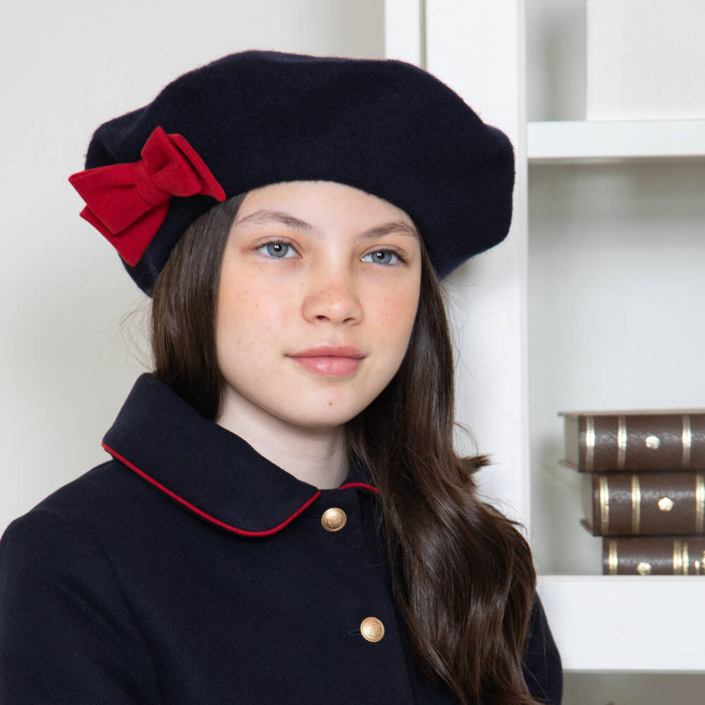 Patachou-Girls Navy Blue Wool Beret with Red Bow | Childrensalon