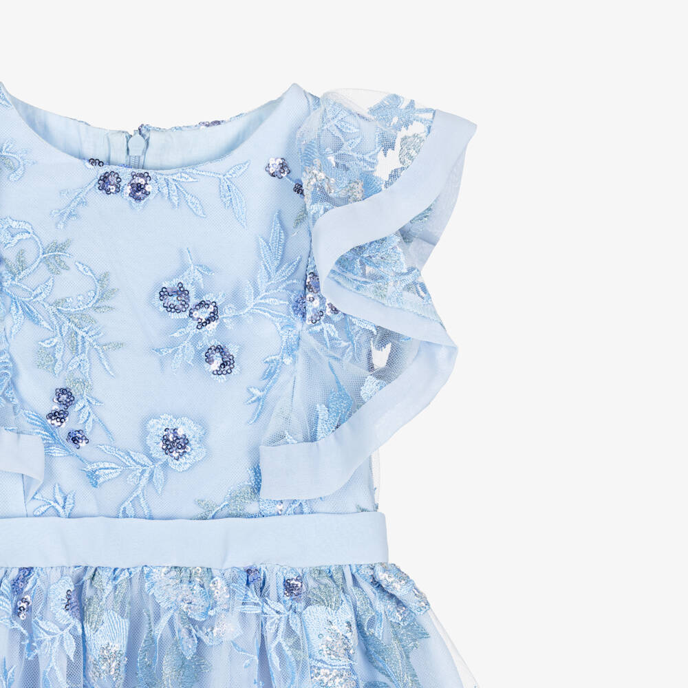 Patachou-Girls Pale Blue Embroidered Floral Tulle Dress with Sequins | Childrensalon