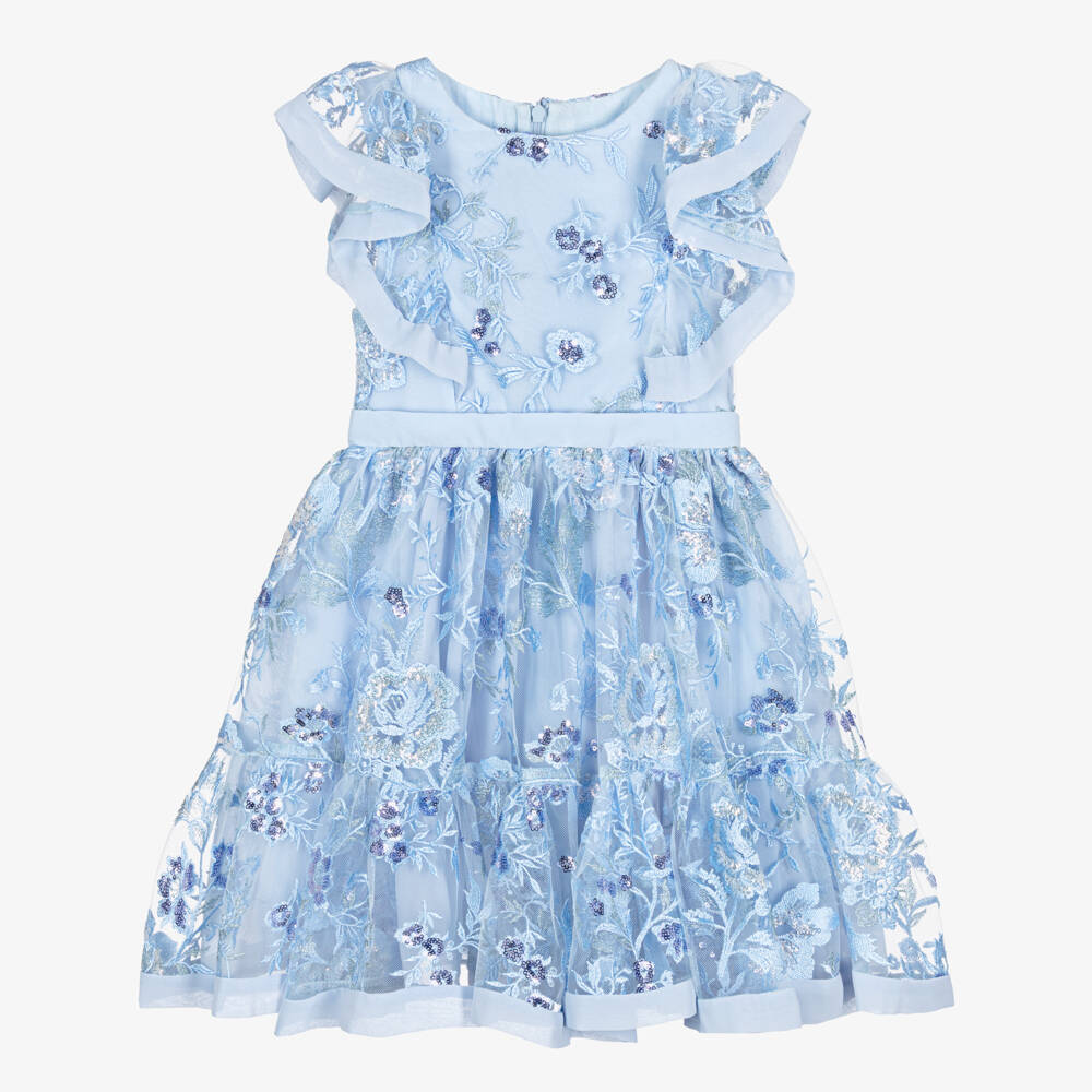Patachou-Girls Pale Blue Embroidered Floral Tulle Dress with Sequins | Childrensalon