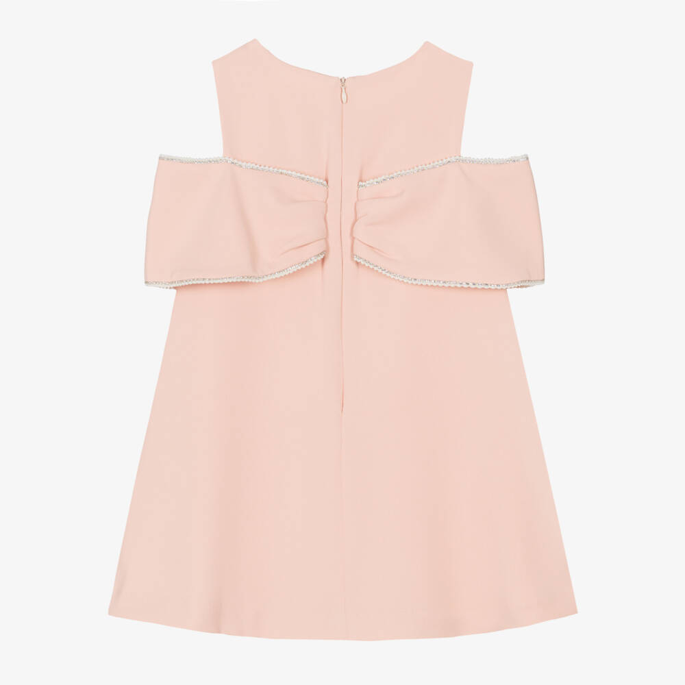 Patachou-Girls Pale Pink Crêpe Bow Dress with Diamantés | Childrensalon