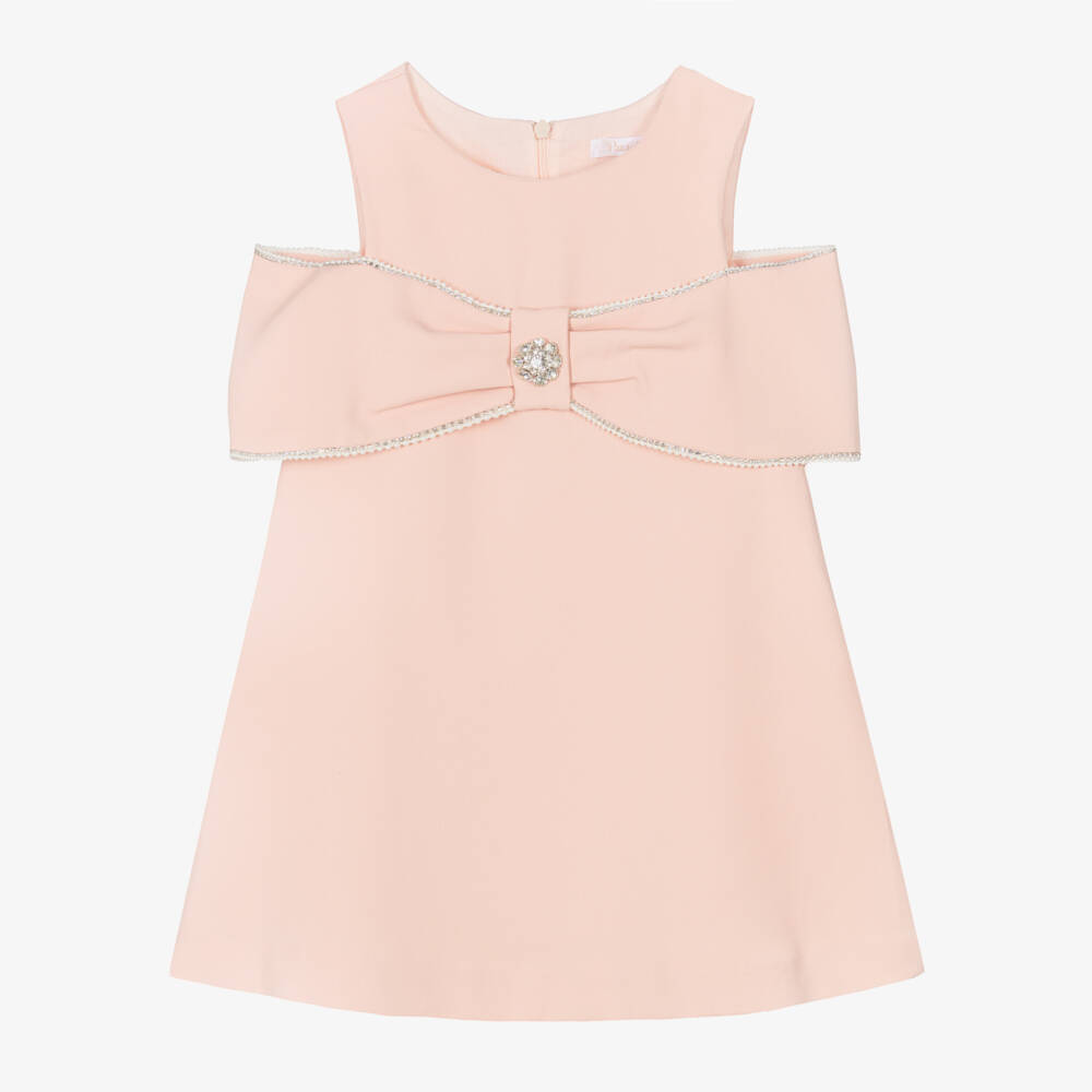 Patachou-Girls Pale Pink Crêpe Bow Dress with Diamantés | Childrensalon