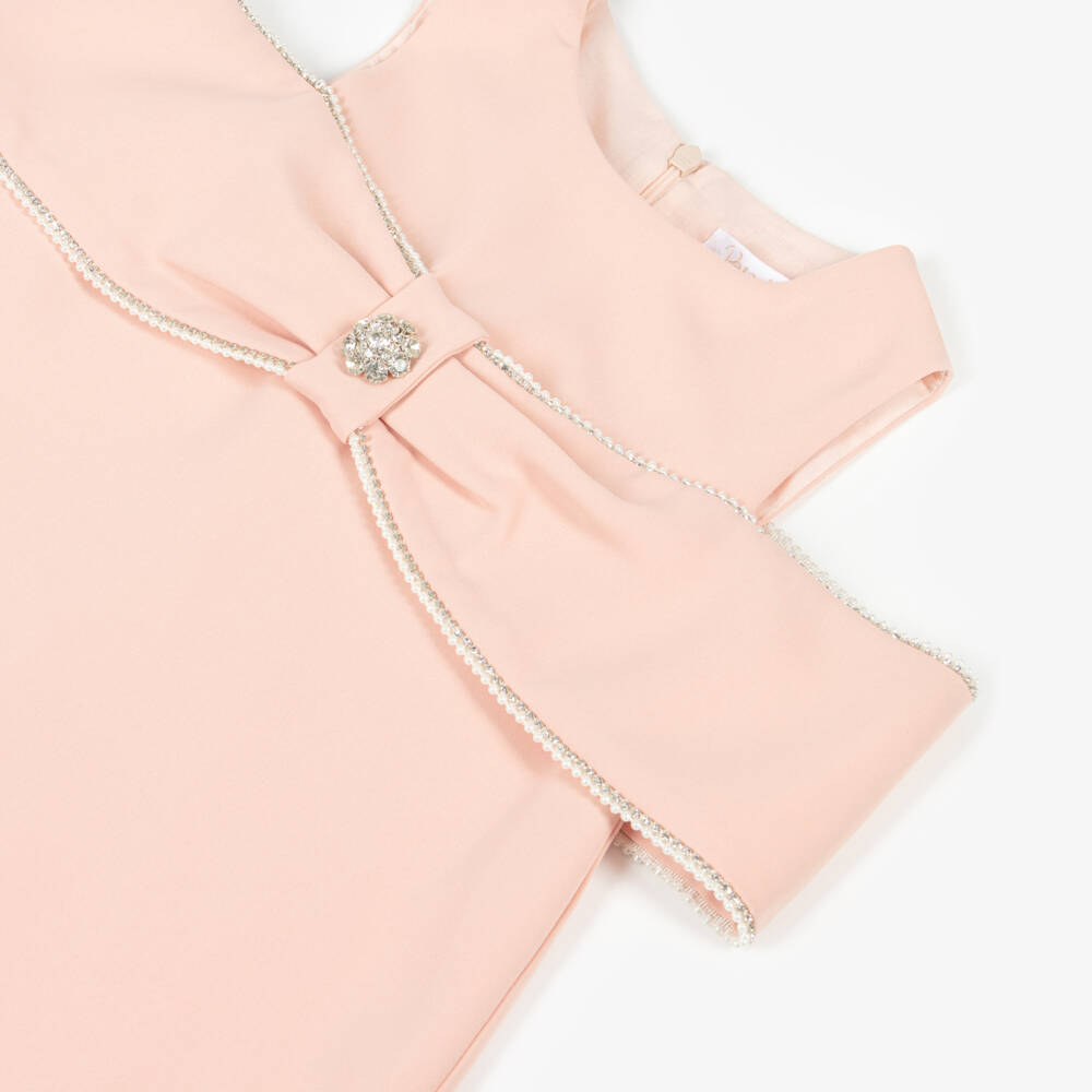 Patachou-Girls Pale Pink Crêpe Bow Dress with Diamantés | Childrensalon