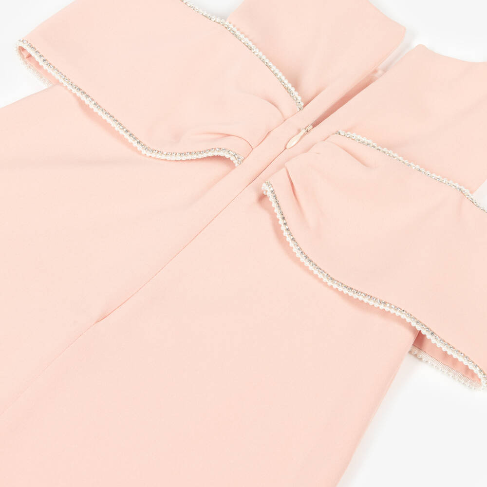 Patachou-Girls Pale Pink Crêpe Bow Dress with Diamantés | Childrensalon
