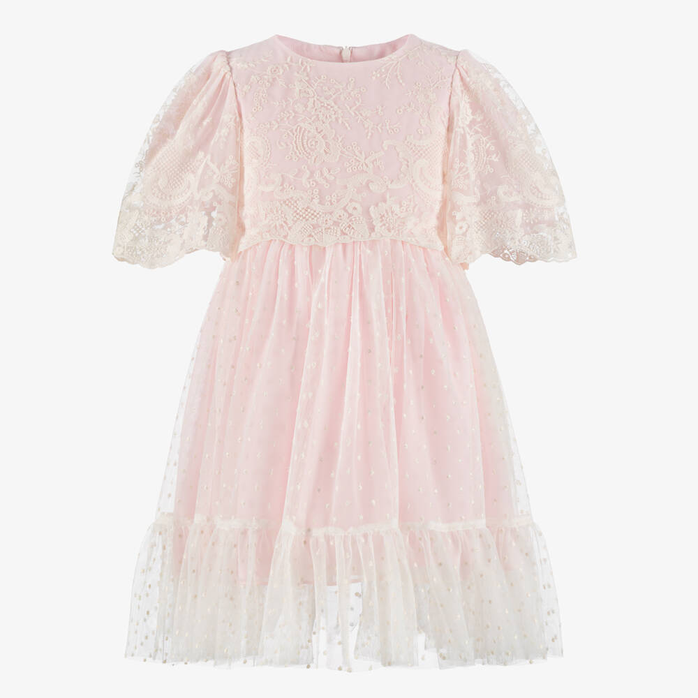 Patachou-Girls Pale Pink Dress with Ivory Lace Overlay | Childrensalon