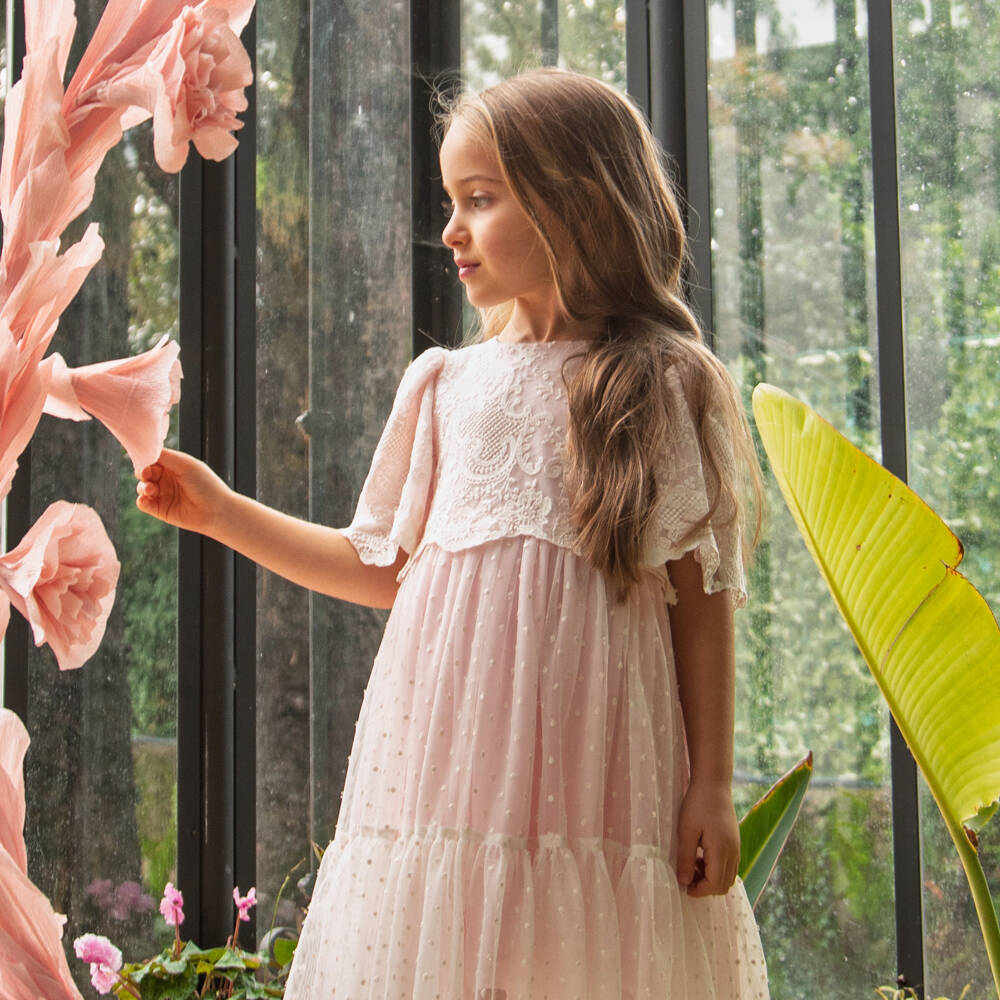 Patachou-فستان بطبقة دانتيل لون زهري فاتح للبنات | Childrensalon