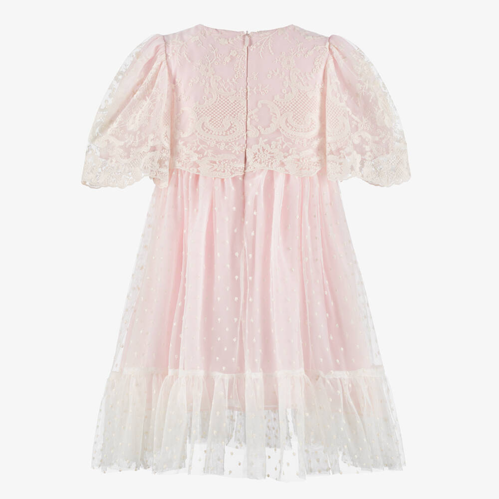 Patachou-Girls Pale Pink Dress with Ivory Lace Overlay | Childrensalon