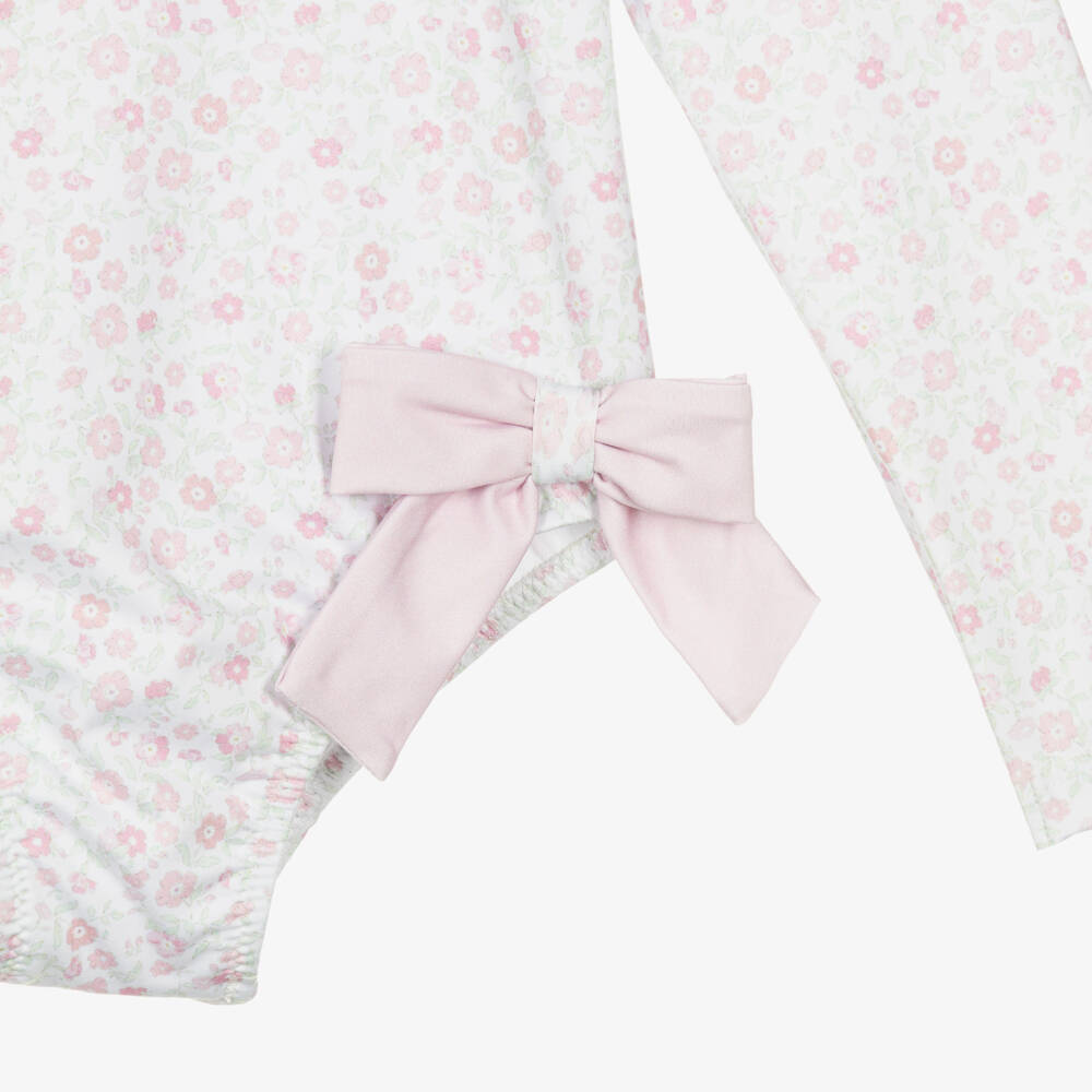 Patachou-Girls Pale Pink Floral & Striped Sleeved Swimsuit (UV50) | Childrensalon