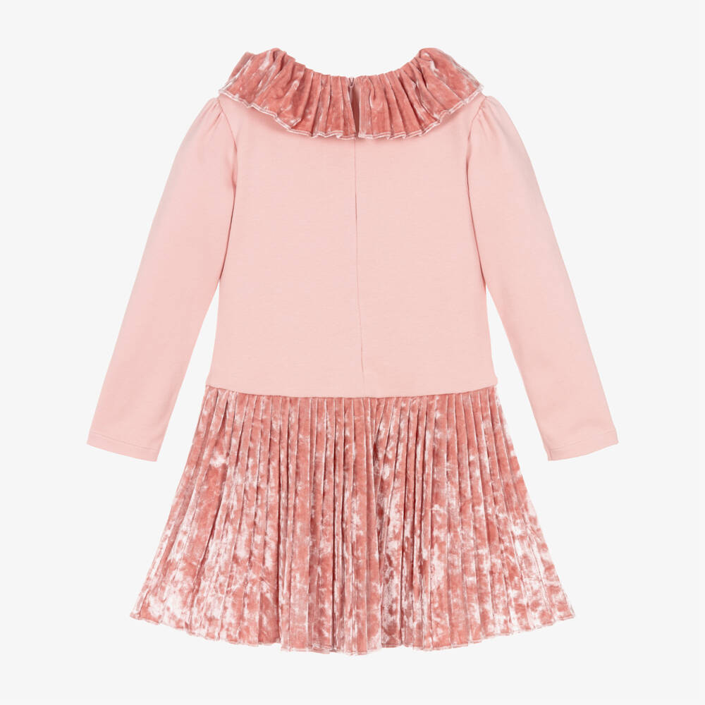 Patachou-Girls Pale Pink Jersey & Crushed Velour Dress with Pleats | Childrensalon