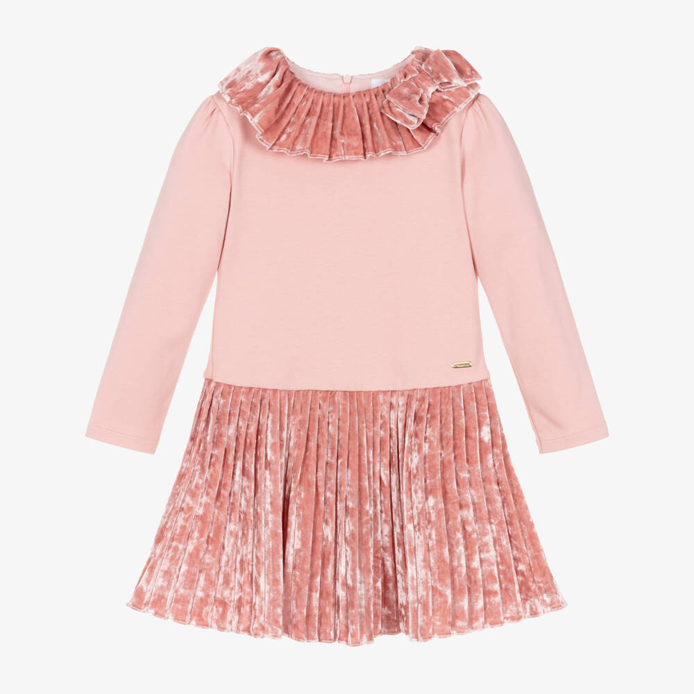 Patachou-Girls Pale Pink Jersey & Crushed Velour Dress with Pleats | Childrensalon