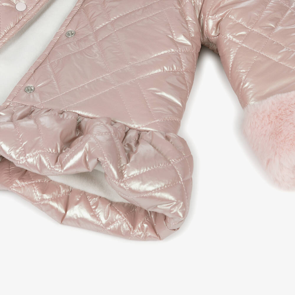 Patachou-معطف مبطن بحواف فرو صناعي لون زهري فاتح للبنات  | Childrensalon