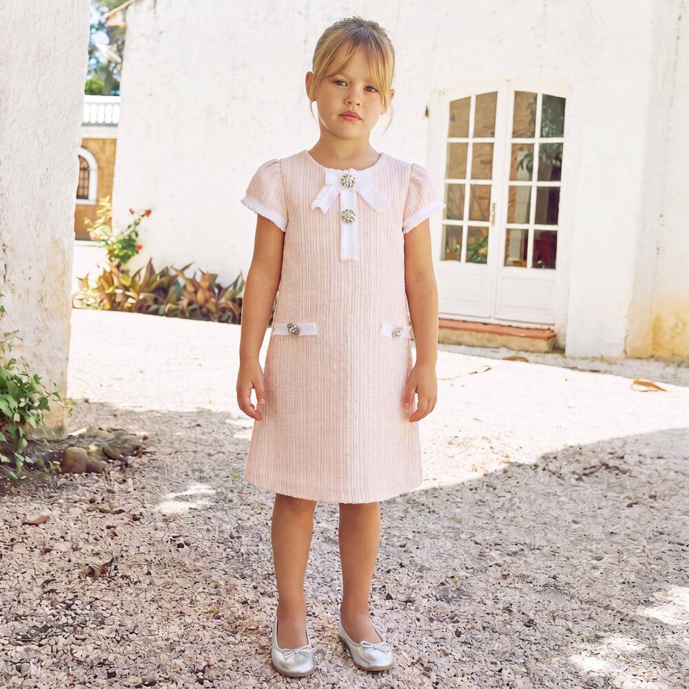 Patachou-Girls Pale Pink Sparkle Tweed Dress | Childrensalon