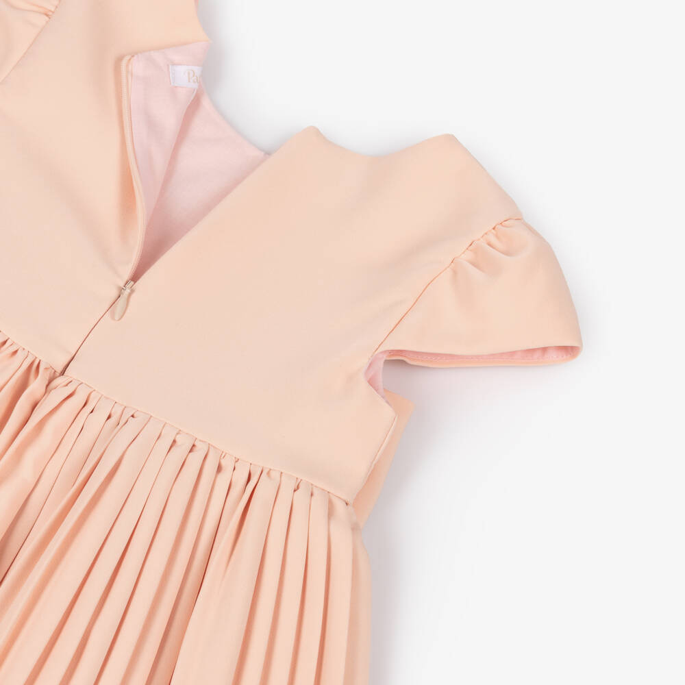 Patachou-Girls Peach Pink Bow Pleated Crêpe Dress | Childrensalon