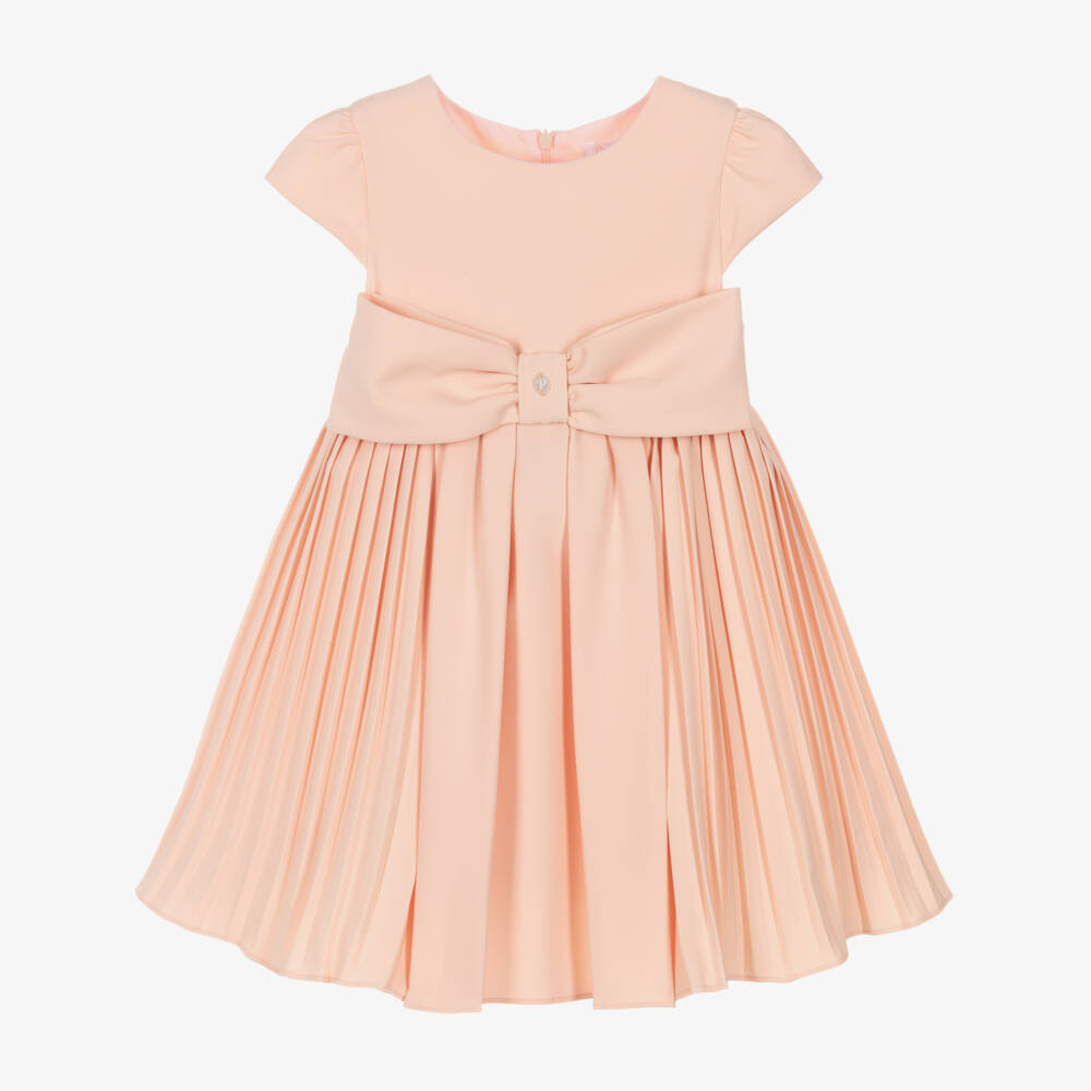 Patachou-Girls Peach Pink Bow Pleated Crêpe Dress | Childrensalon